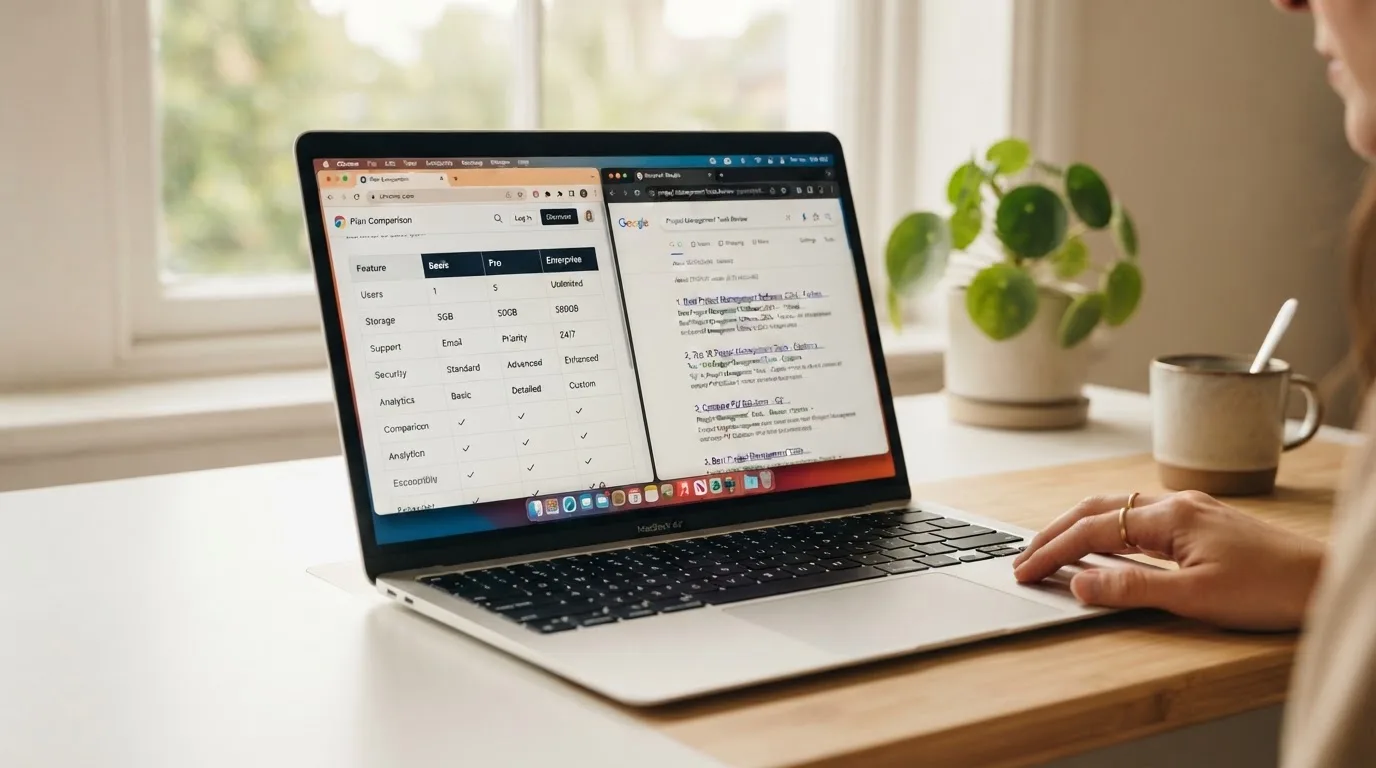 A laptop screen split between two browser tabs, one showing a comparison table and the other a search results page.
