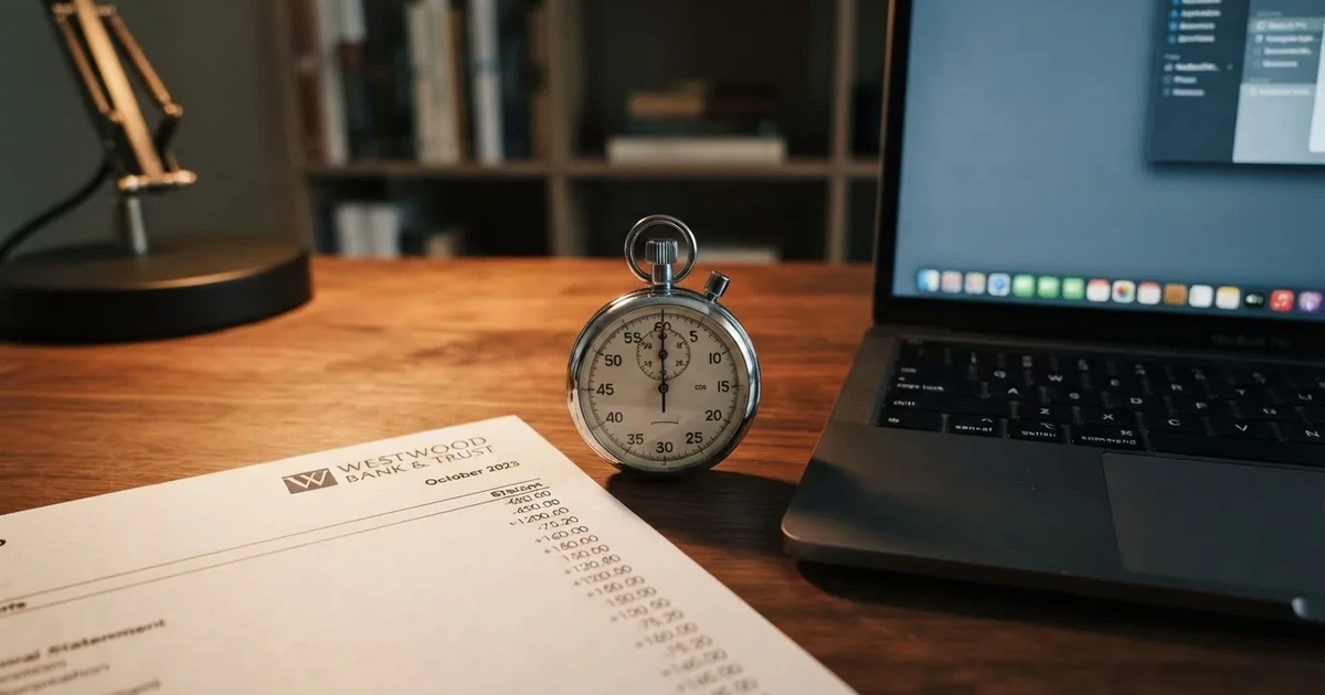A stopwatch sitting on top of a bank statement next to a laptop keyboard.