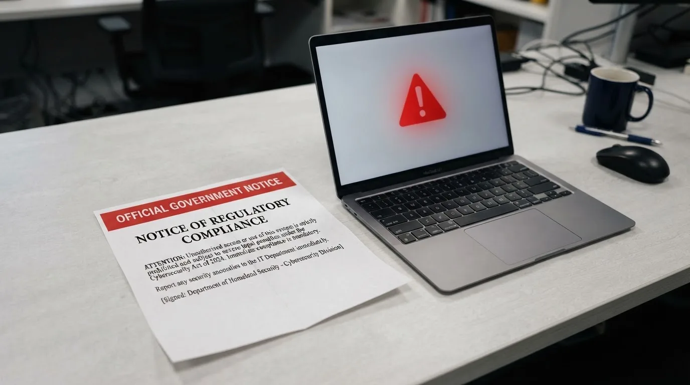 A printed government warning notice on a desk beside a laptop with a red alert icon on the screen.