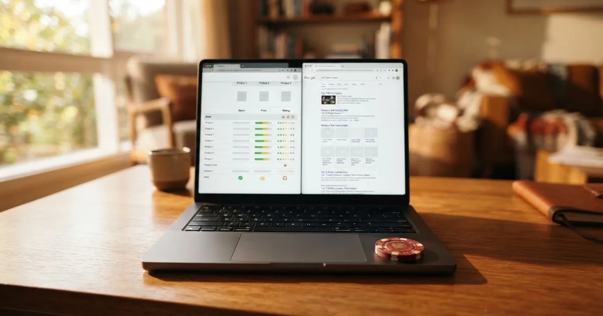 A laptop screen split between two browser tabs, one showing a comparison table and the other a search results page.