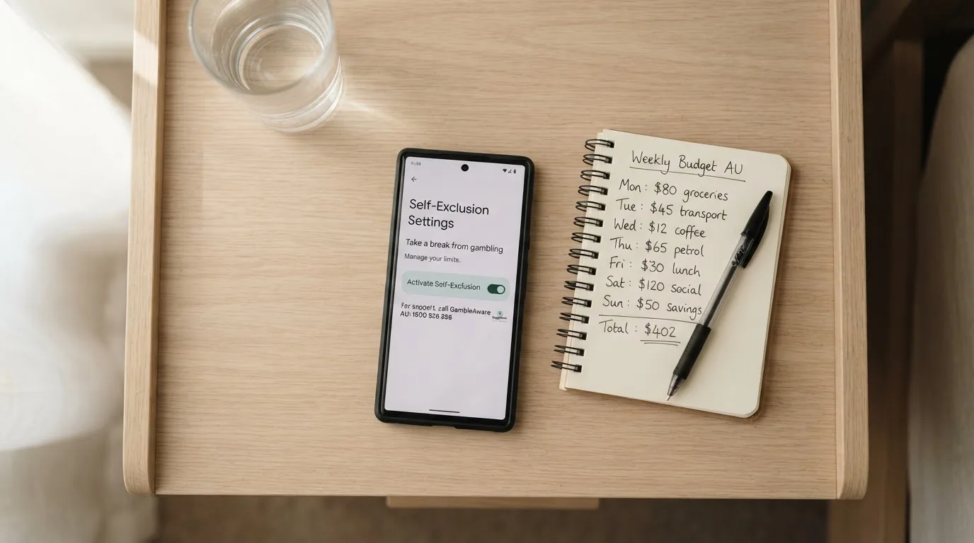 A phone showing a self-exclusion settings screen next to a notepad with a weekly budget written on it.