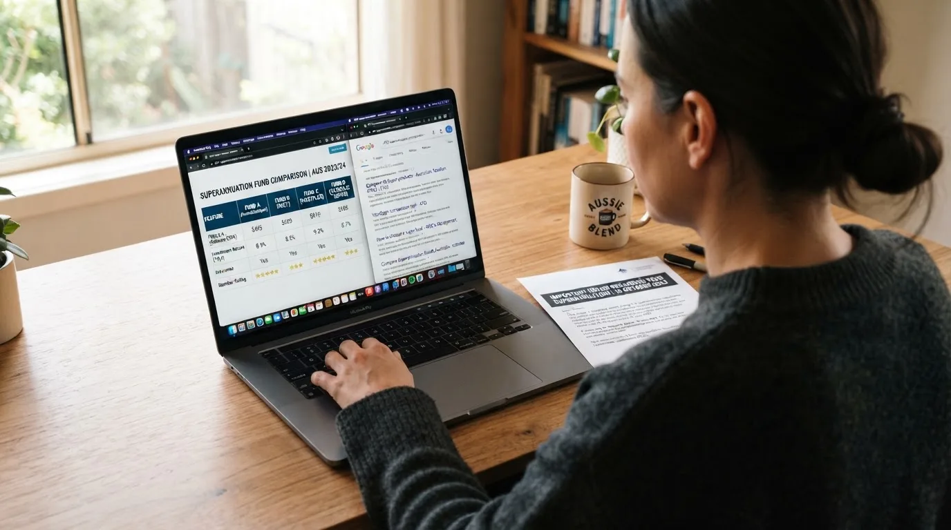 A laptop screen split between two browser tabs, one showing a comparison table and the other a search results page.