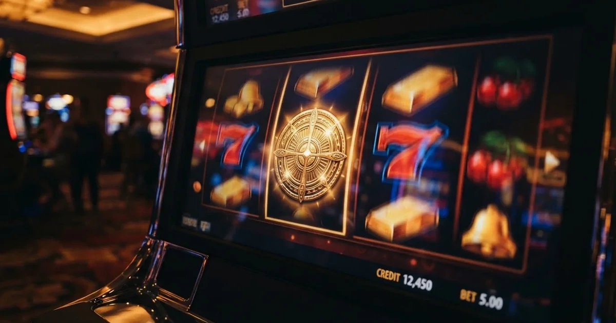 A close-up of a slot reel icon with a stylised gold coin motif on a screen.