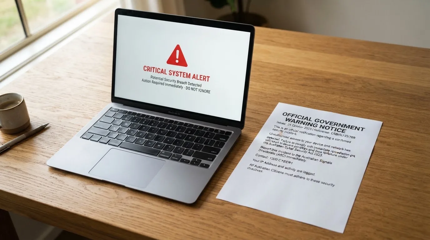 A printed government warning notice on a desk beside a laptop with a red alert icon on the screen.