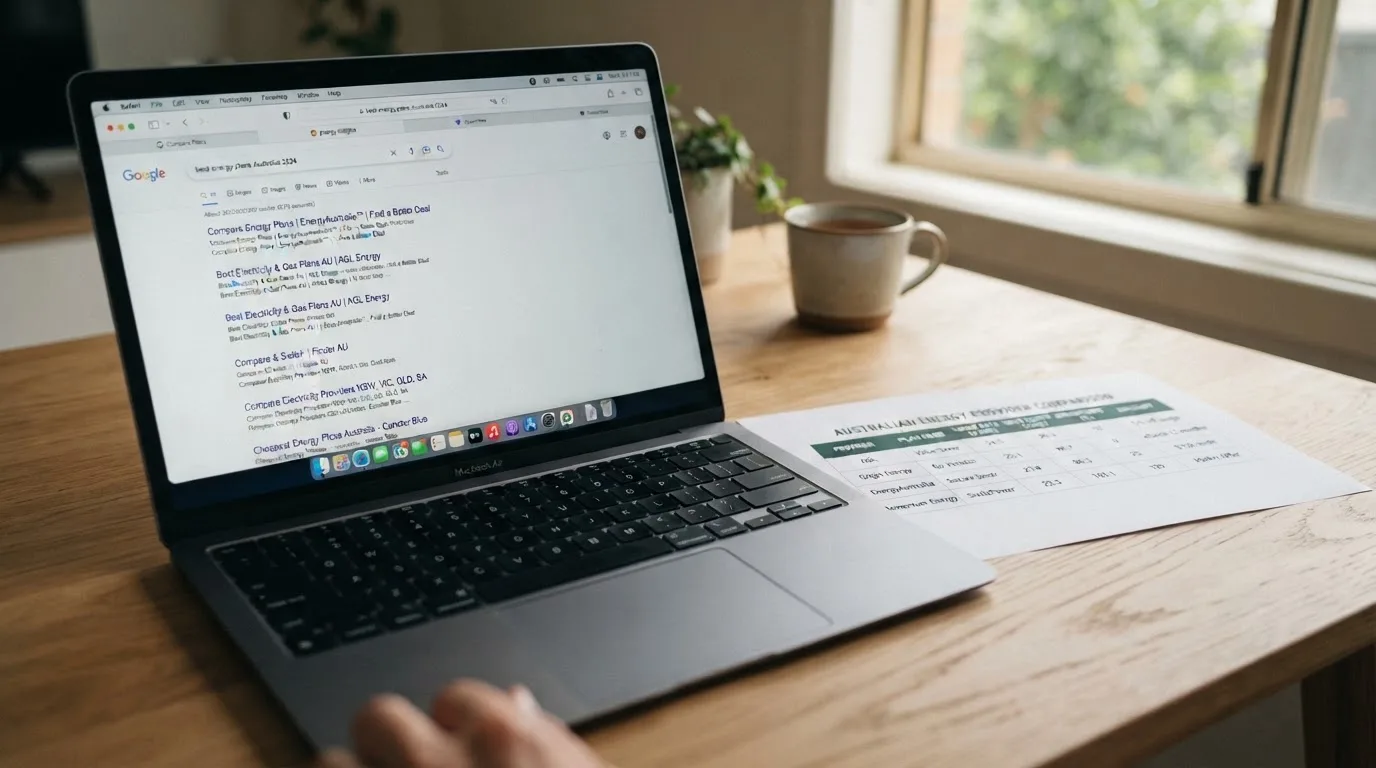 A laptop screen split between two browser tabs, one showing a comparison table and the other a search results page.