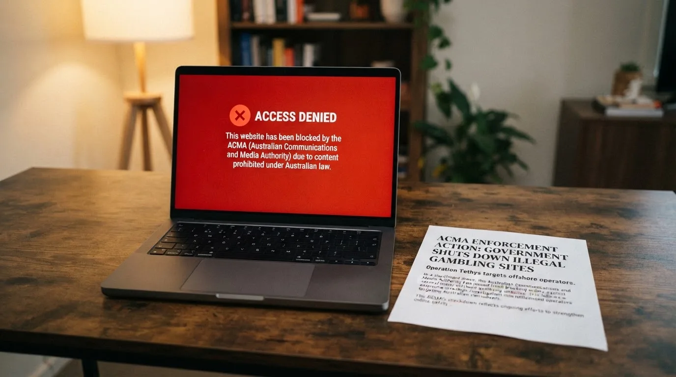 A printed government warning notice on a desk beside a laptop with a red alert icon on the screen.