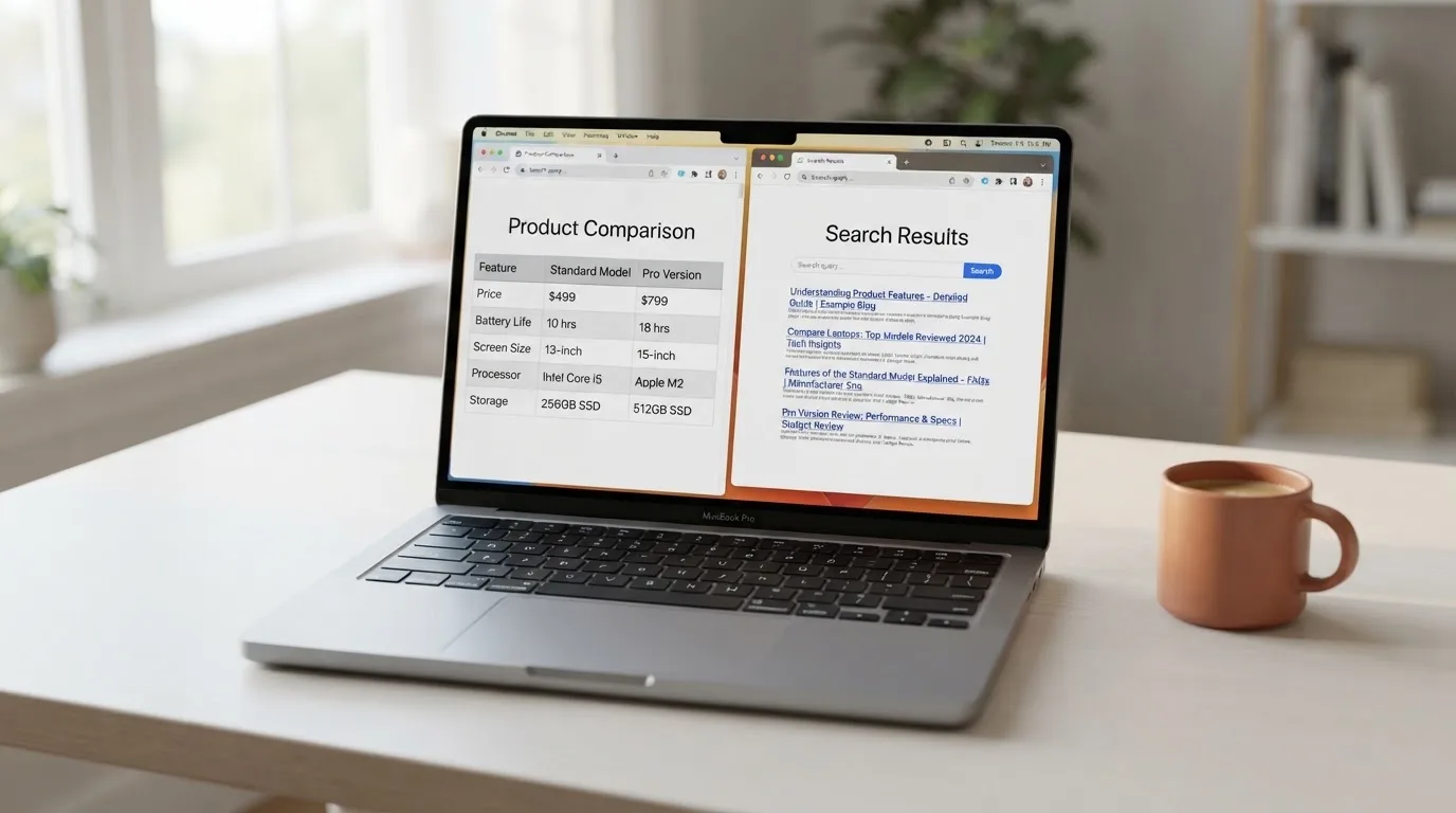 A laptop screen split between two browser tabs, one showing a comparison table and the other a search results page.