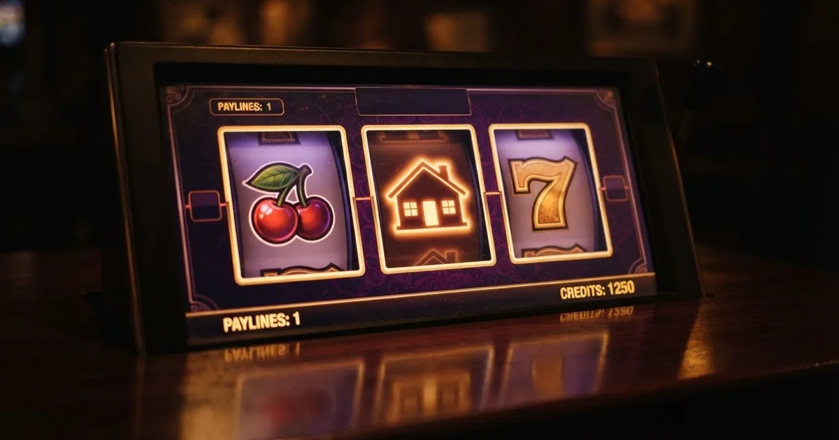A close-up of a slot reel icon with a house-shaped motif on a screen.