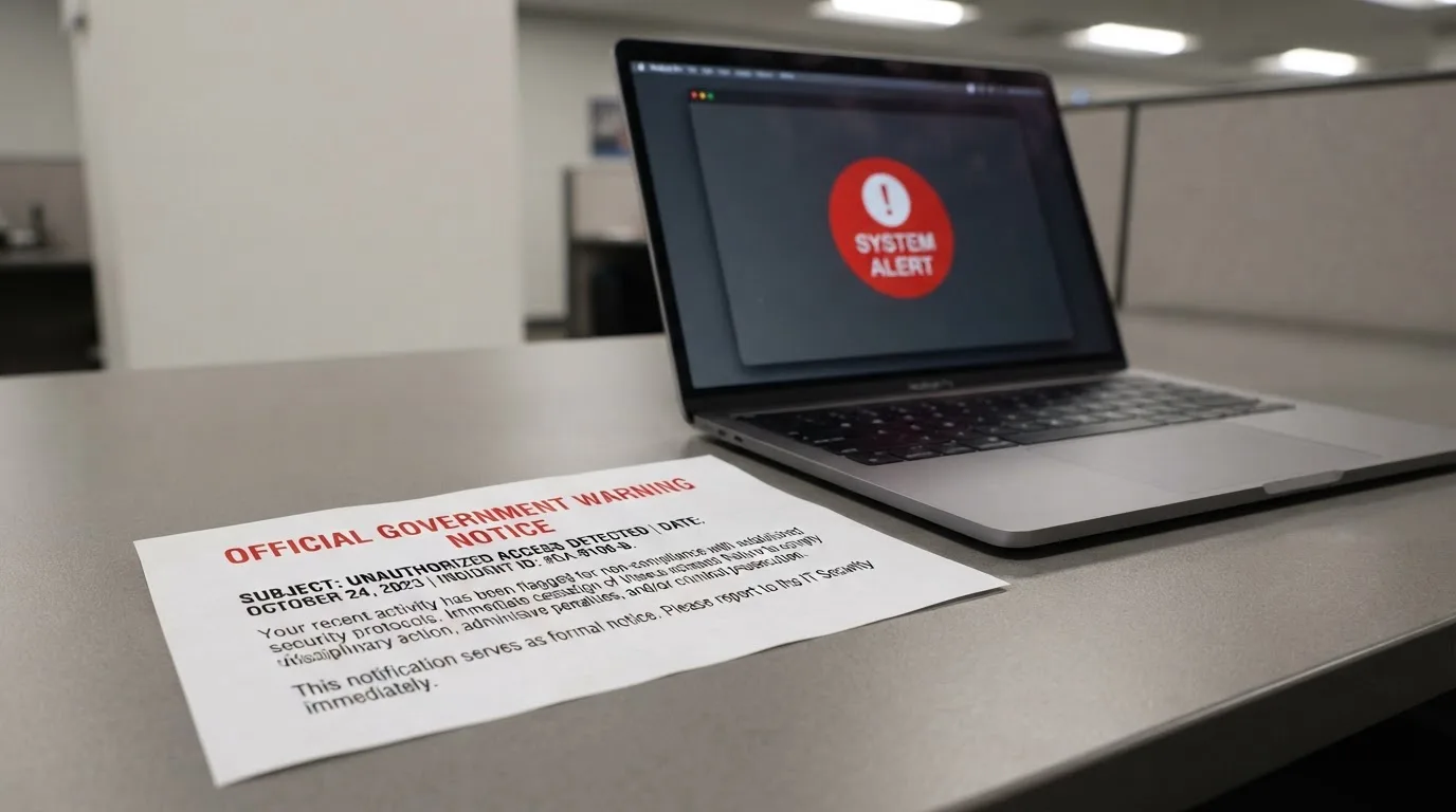 A printed government warning notice on a desk beside a laptop with a red alert icon on the screen.