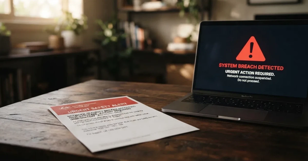 A printed government warning notice on a desk beside a laptop with a red alert icon on the screen.