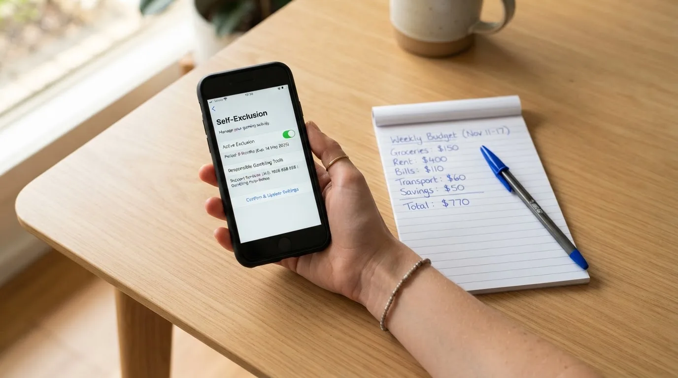 A phone showing a self-exclusion settings screen next to a notepad with a weekly budget written on it.