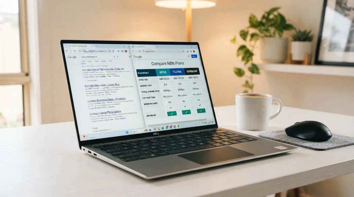 A laptop screen split between two browser tabs, one showing a comparison table and the other a search results page.