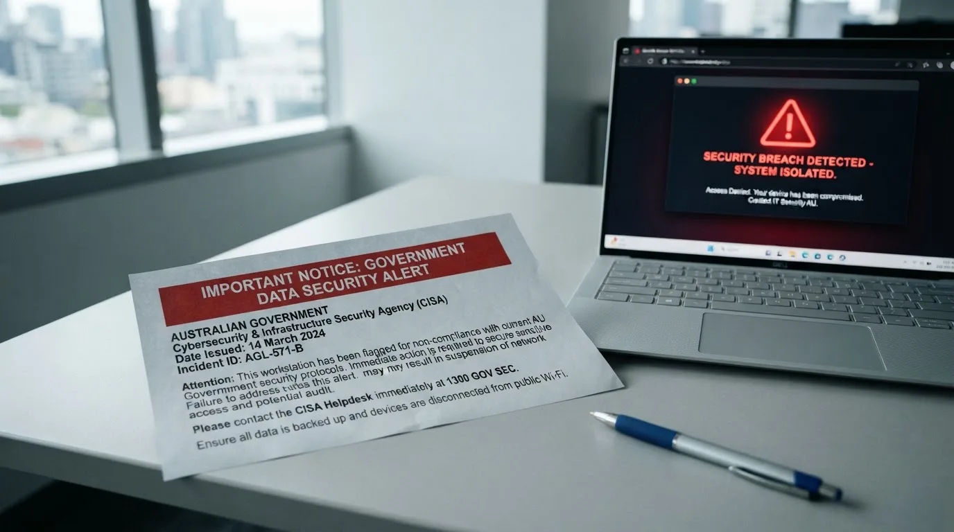 A printed government warning notice on a desk beside a laptop with a red alert icon on the screen.