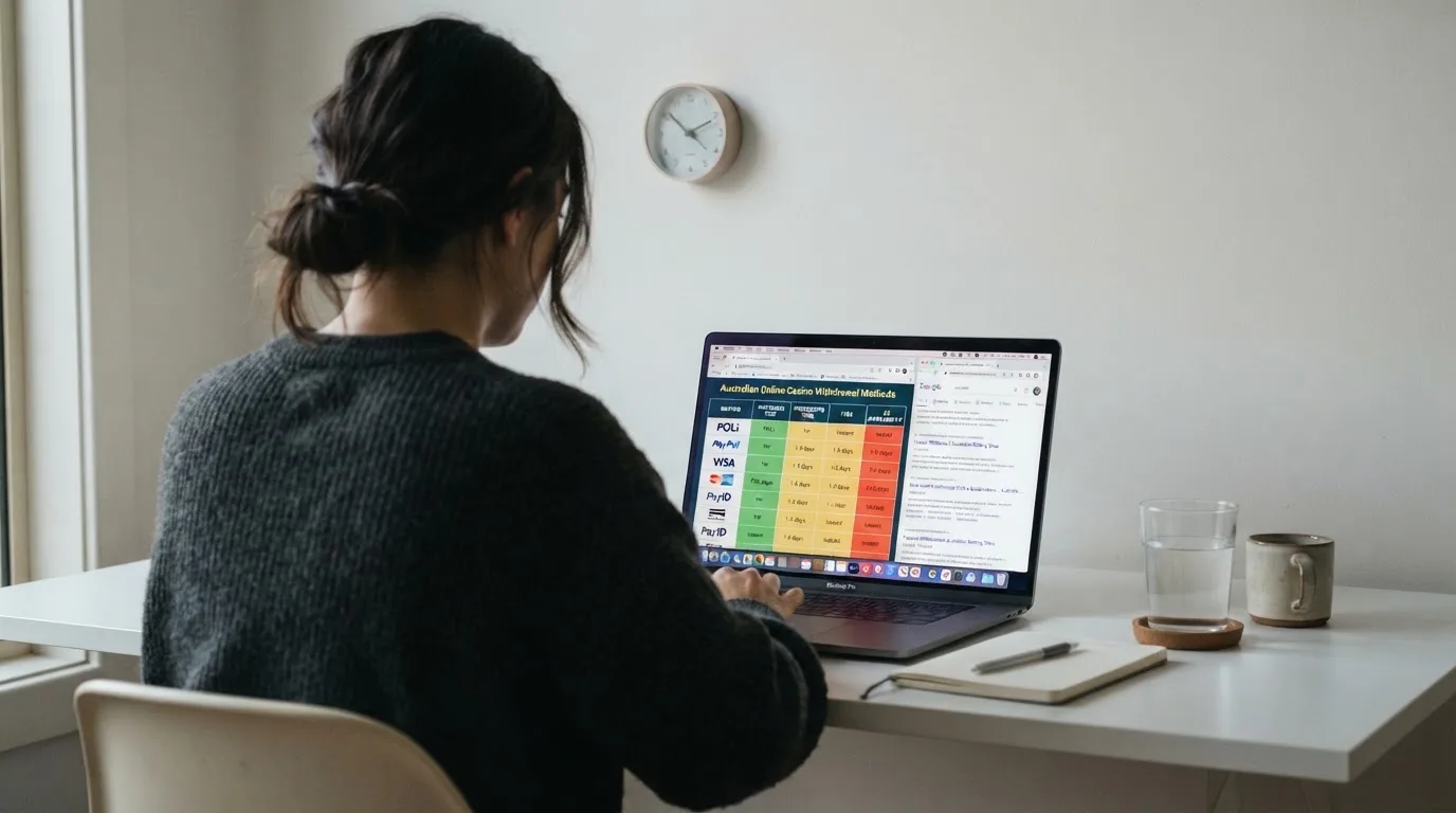 A laptop screen split between two browser tabs, one showing a comparison table and the other a search results page.