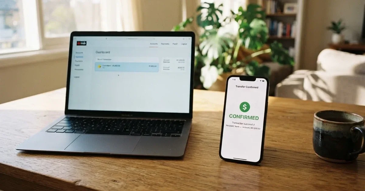 A phone showing a PayID-style bank transfer confirmation next to a laptop.
