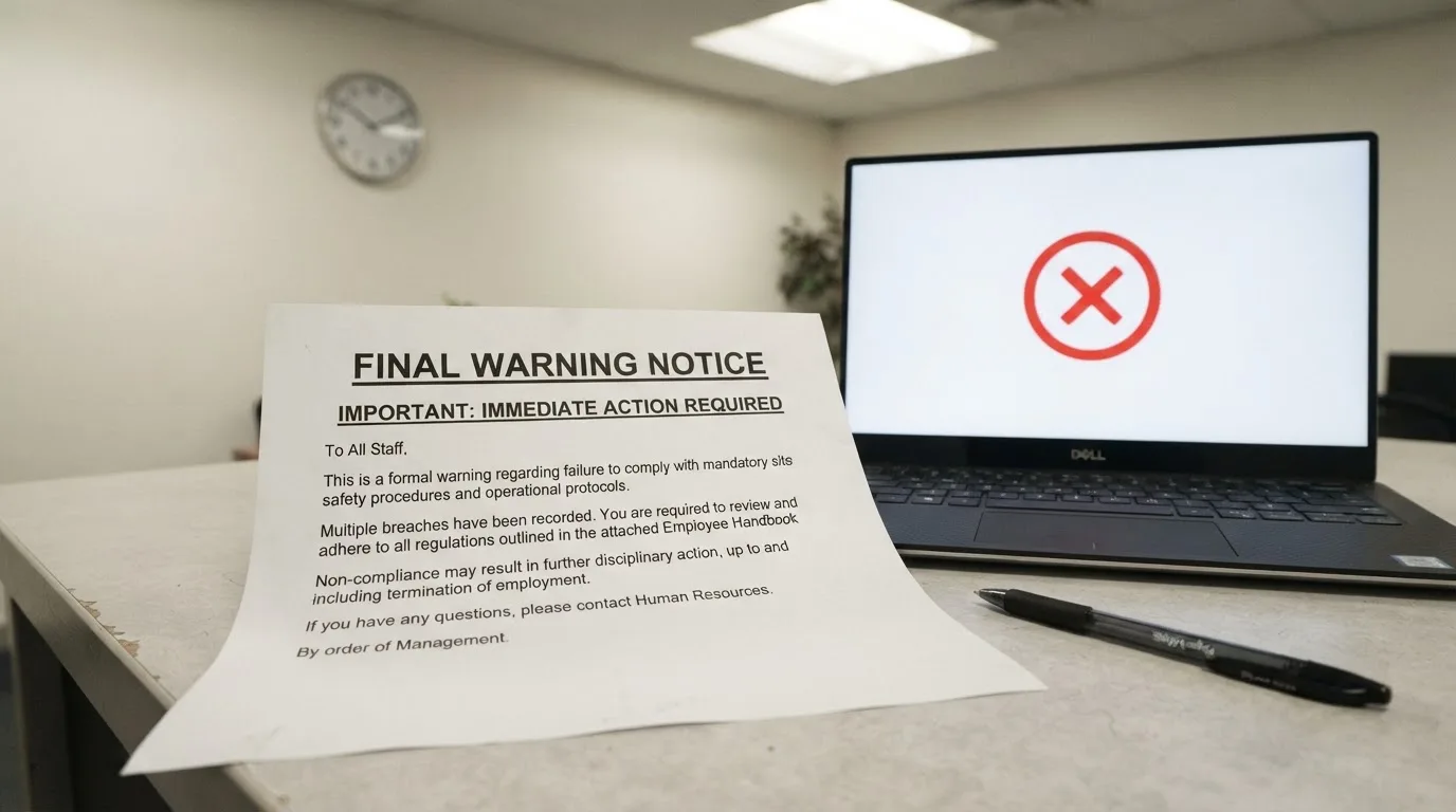 A printed government warning notice on a desk beside a laptop with a red alert icon on the screen.