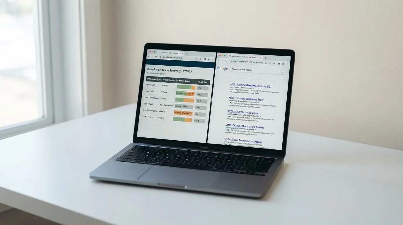 A laptop screen split between two browser tabs, one showing a comparison table and the other a search results page.