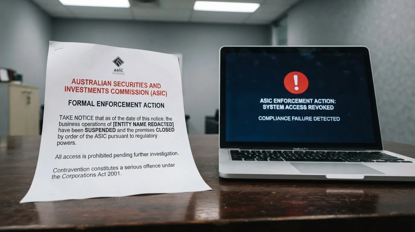 A printed government warning notice on a desk beside a laptop with a red alert icon on the screen.