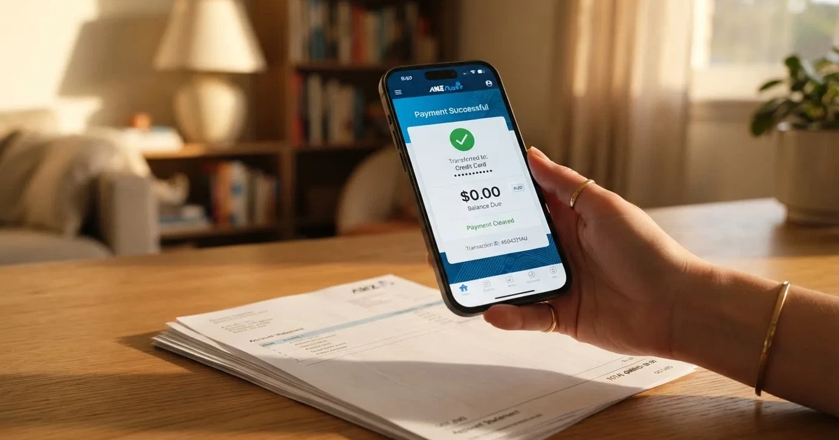 A hand holding a phone showing a cleared balance next to a stack of printed bank statements.