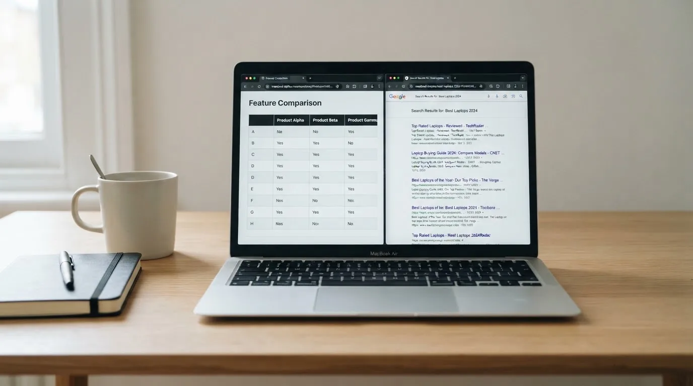 A laptop screen split between two browser tabs, one showing a comparison table and the other a search results page.