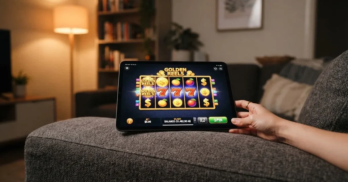 A hand holding a tablet with a touchscreen keypad displayed, resting on a couch armrest.