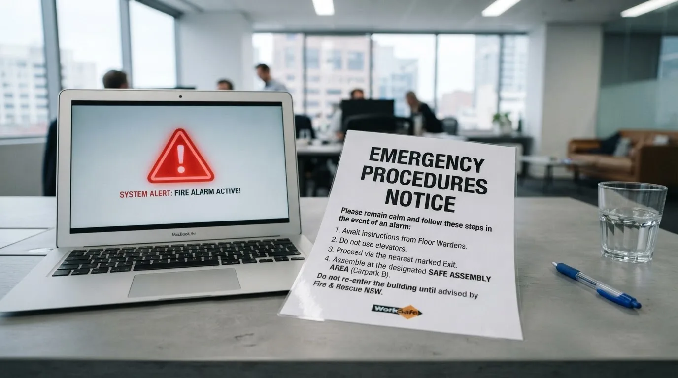 A printed government warning notice on a desk beside a laptop with a red alert icon on the screen.