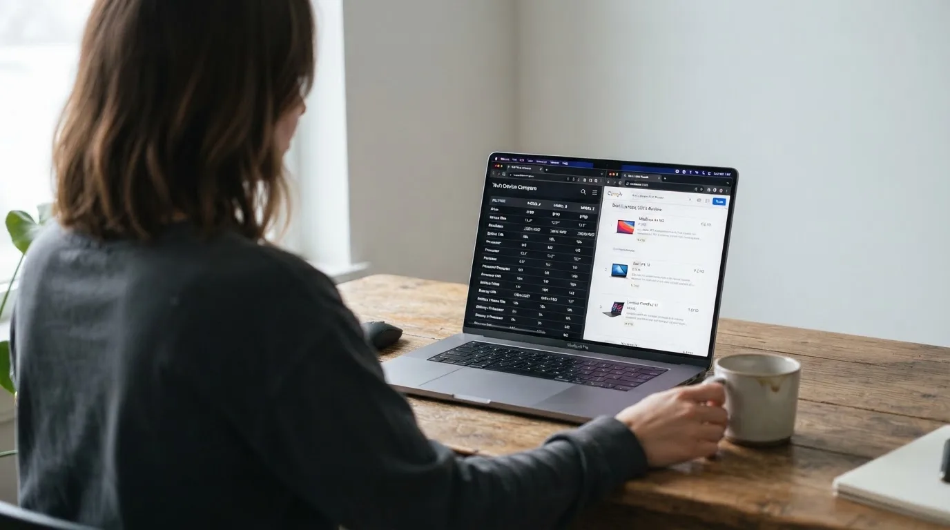 A laptop screen split between two browser tabs, one showing a comparison table and the other a search results page.