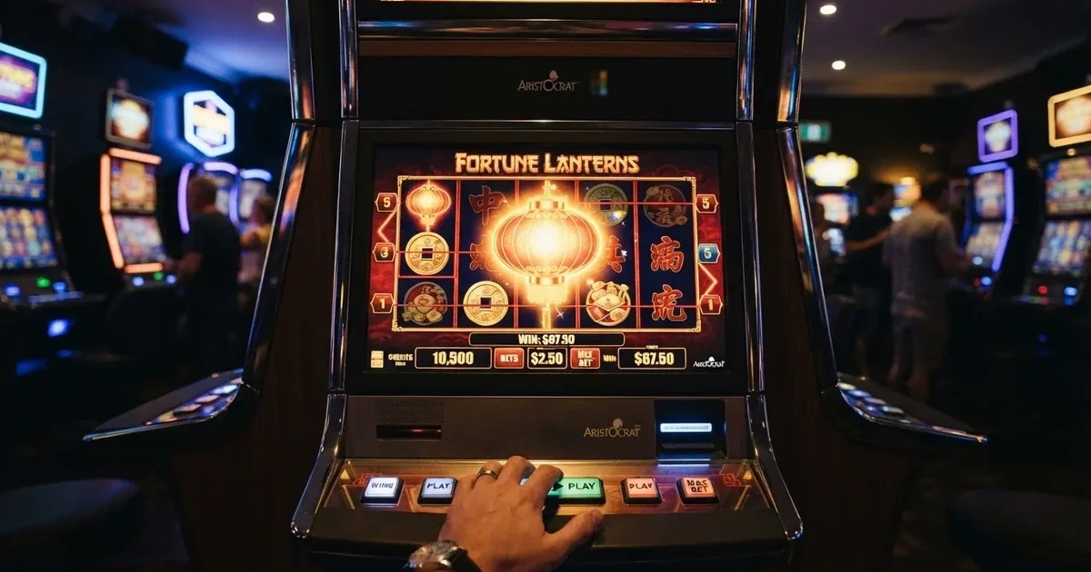 A close-up of a slot reel icon showing a stylised lantern motif on a cabinet screen.