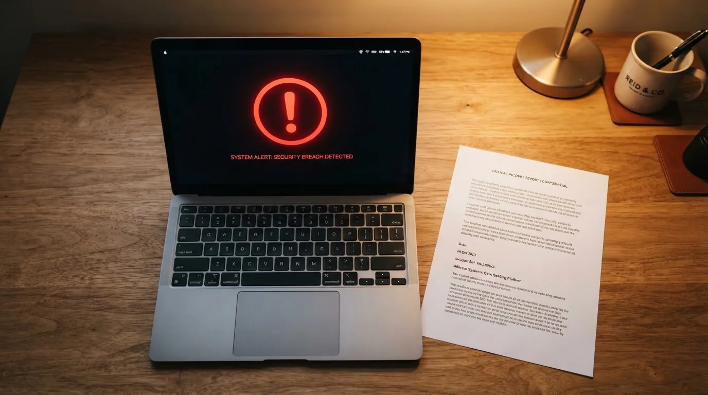 A printed government warning notice on a desk beside a laptop with a red alert icon on the screen.