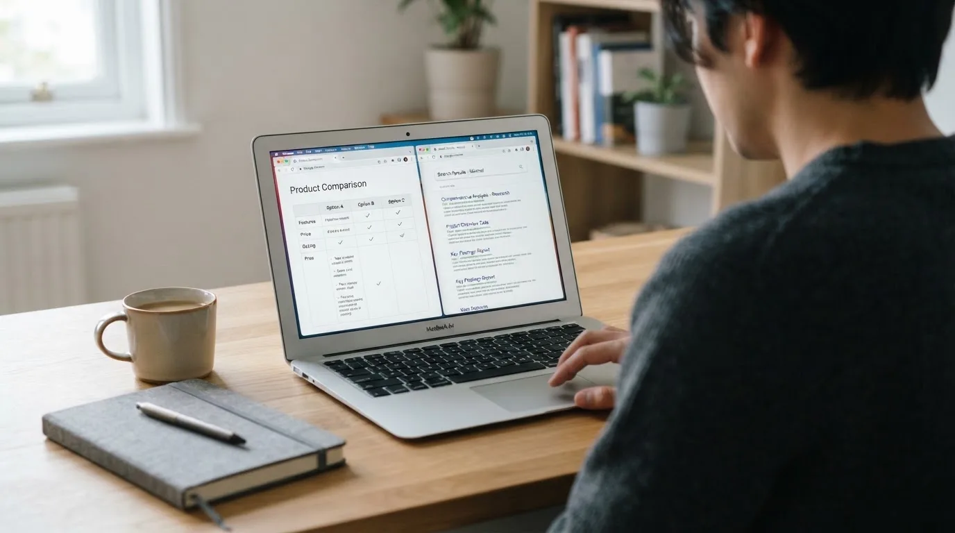 A laptop screen split between two browser tabs, one showing a comparison table and the other a search results page.
