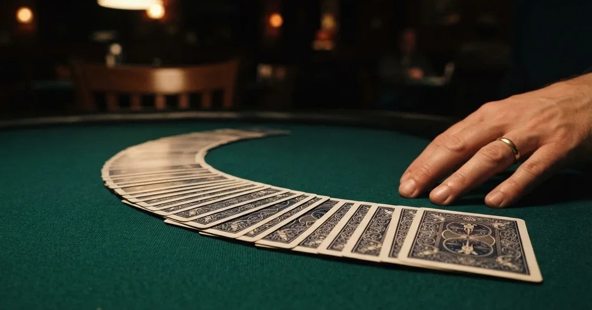 A close-up of a shuffled deck of playing cards fanned out on a green felt table.