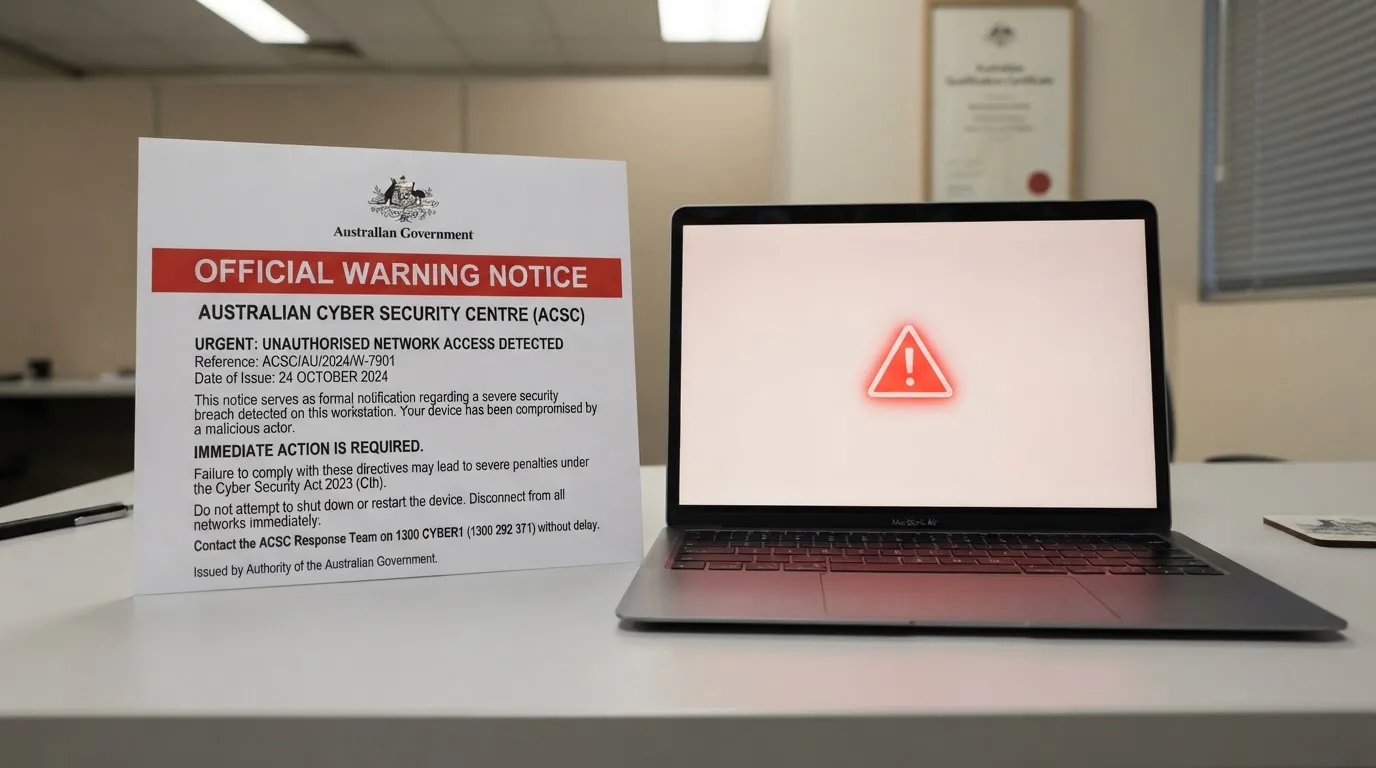 A printed government warning notice on a desk beside a laptop with a red alert icon on the screen.