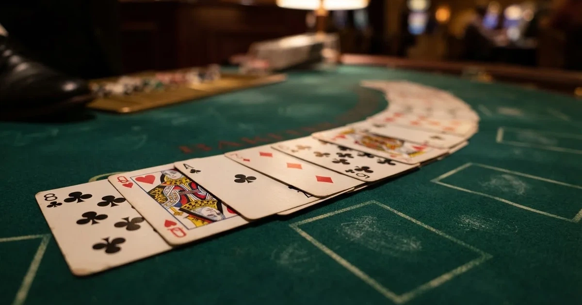 A close-up of a shuffled deck of playing cards fanned out on a green felt table.