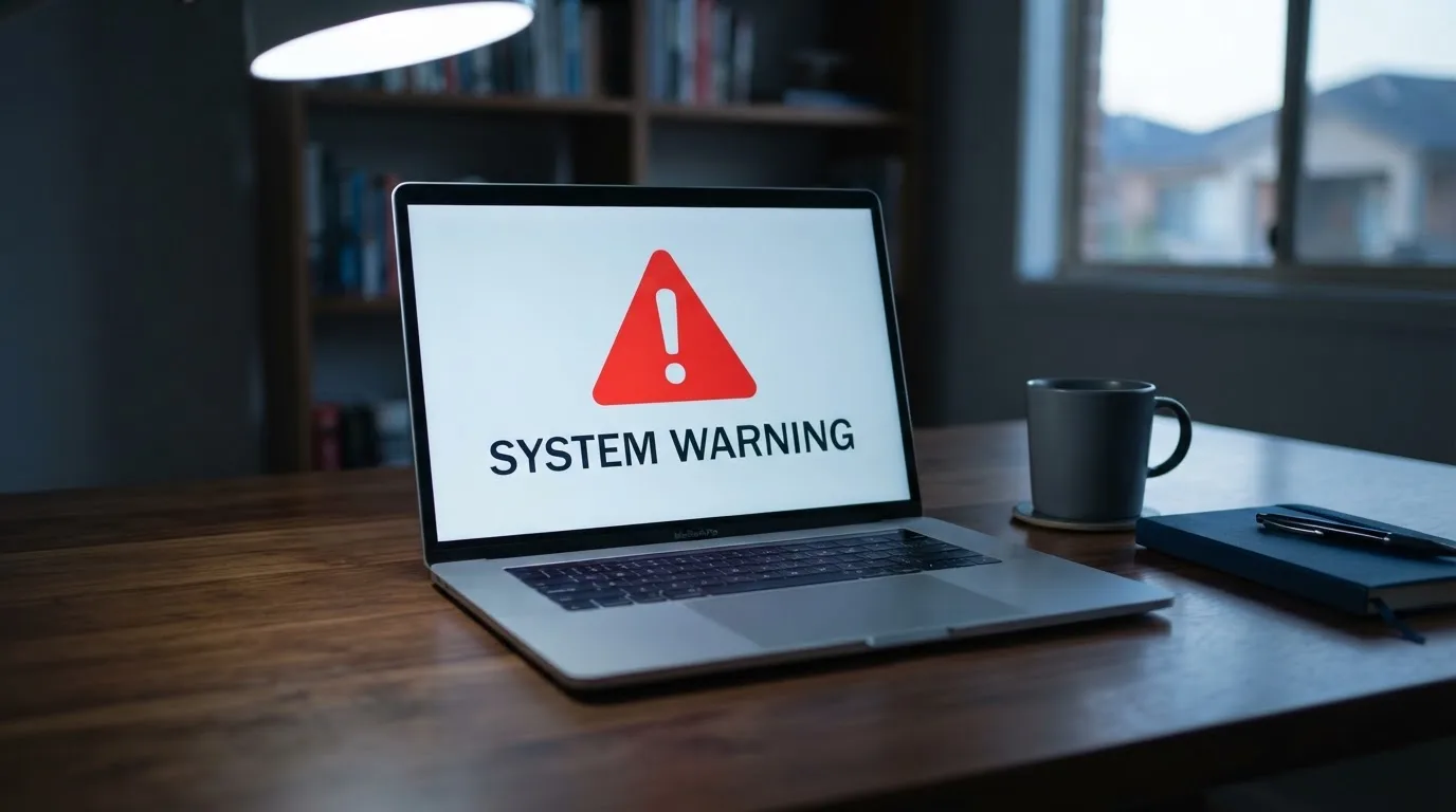 A printed government warning notice on a desk beside a laptop with a red alert icon on the screen.