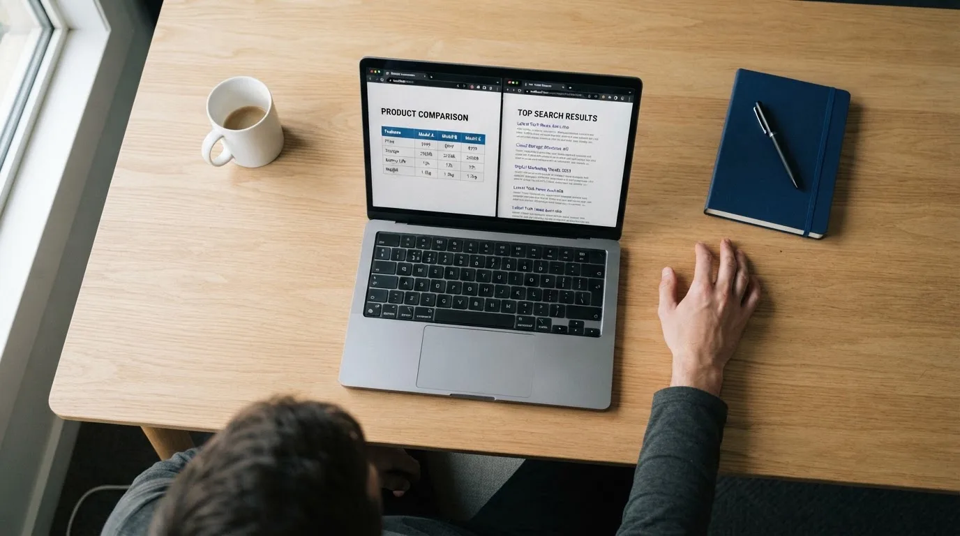 A laptop screen split between two browser tabs, one showing a comparison table and the other a search results page.
