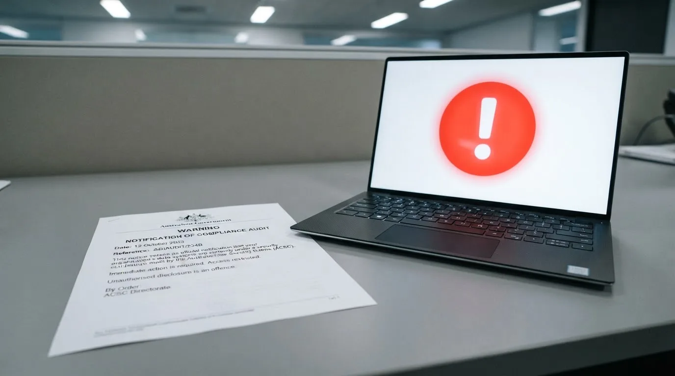 A printed government warning notice on a desk beside a laptop with a red alert icon on the screen.