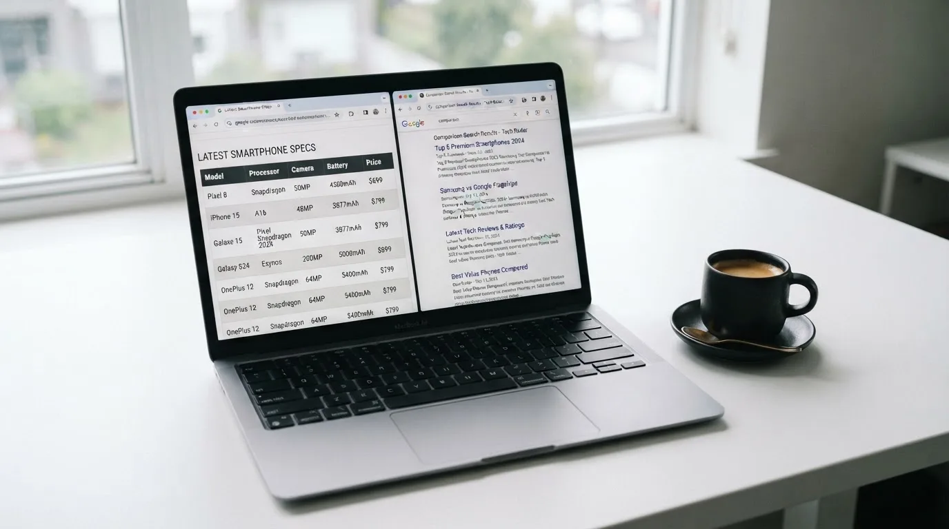 A laptop screen split between two browser tabs, one showing a comparison table and the other a search results page.