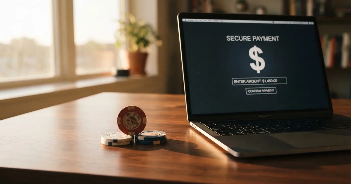 A small stack of coins next to a laptop showing an online payment form.