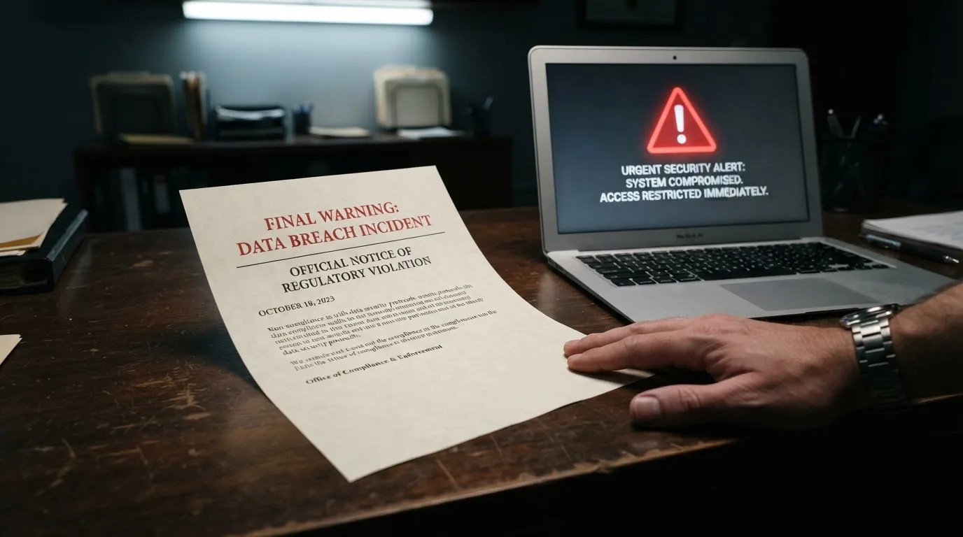 A printed government warning notice on a desk beside a laptop with a red alert icon on the screen.