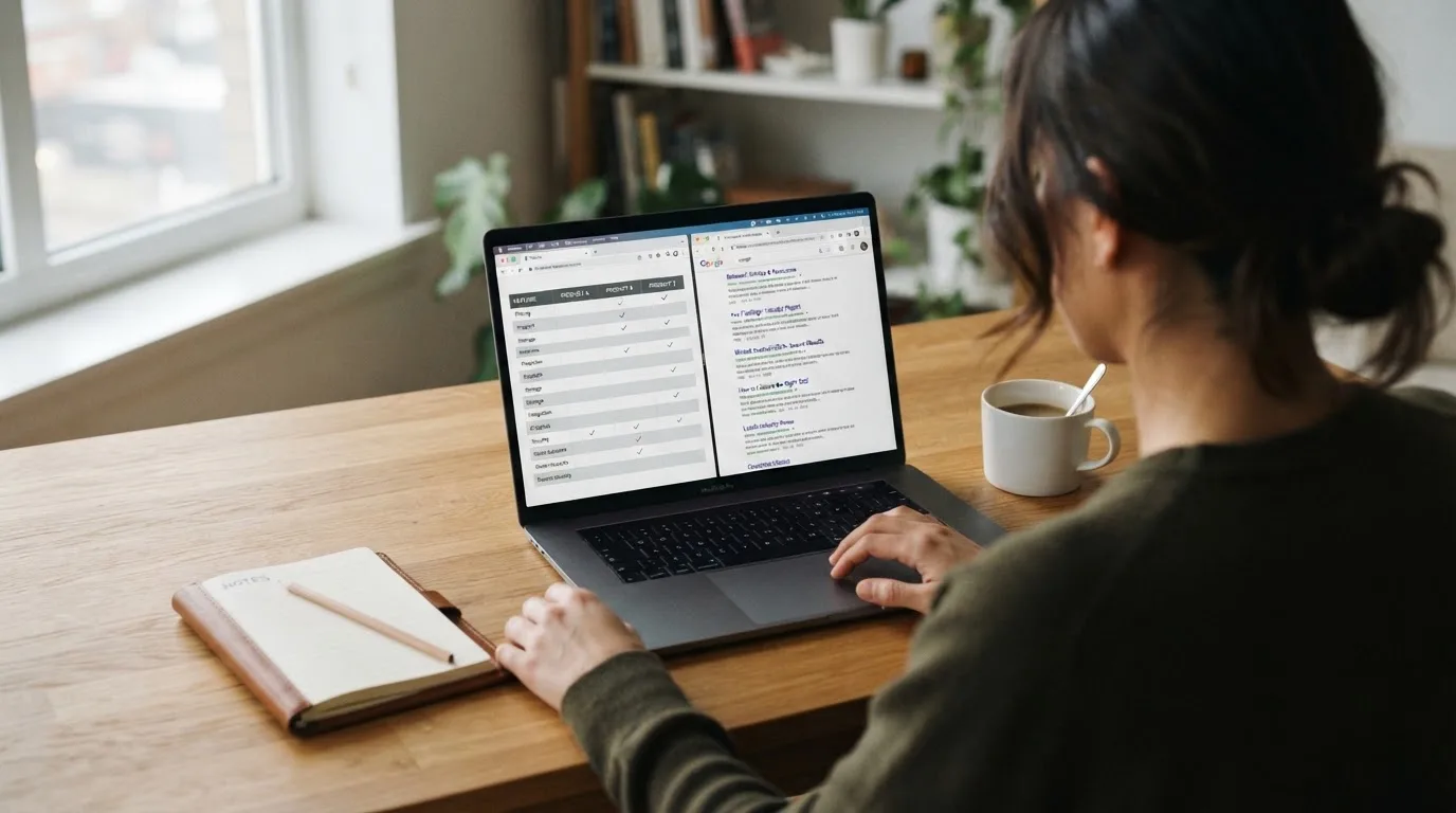 A laptop screen split between two browser tabs, one showing a comparison table and the other a search results page.