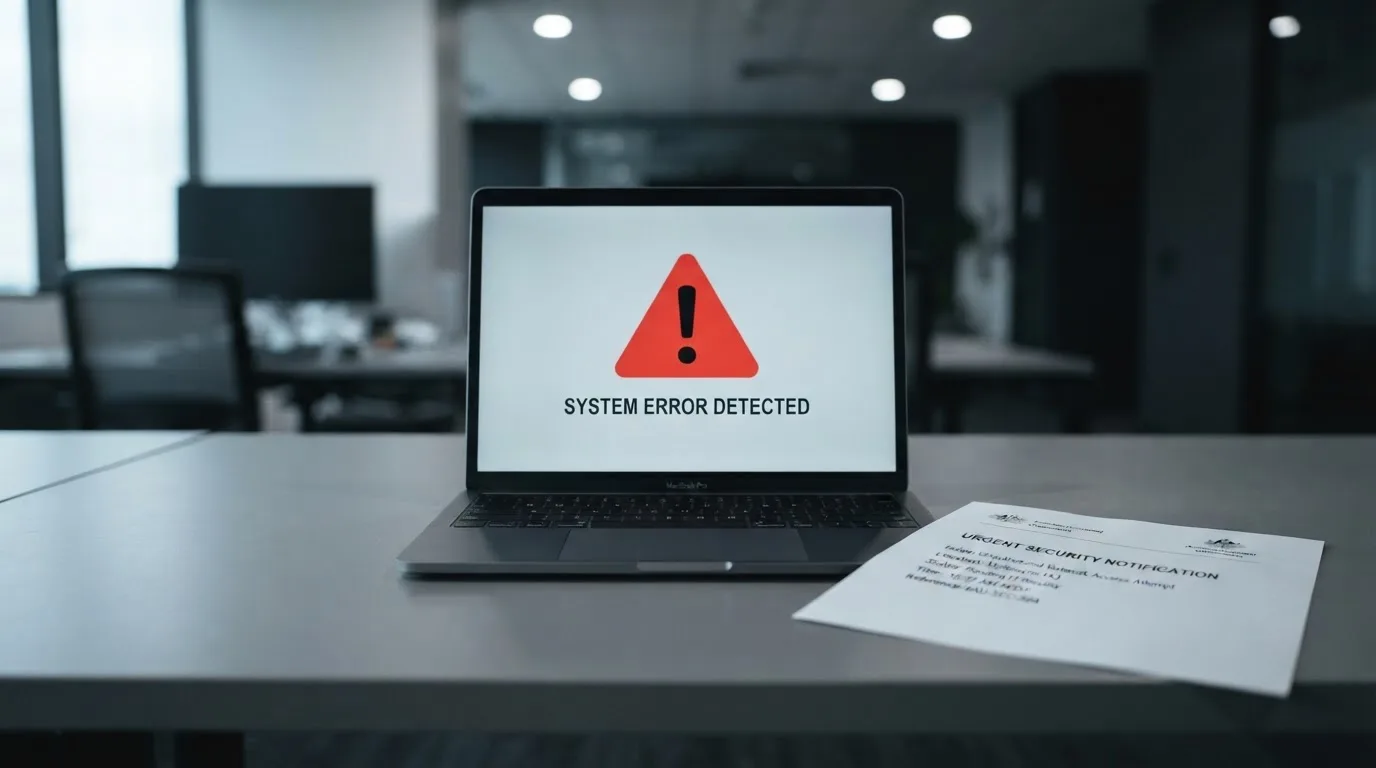 A printed government warning notice on a desk beside a laptop with a red alert icon on the screen.