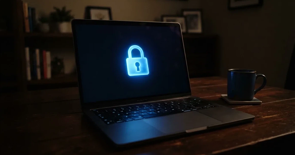 A padlock icon glowing on a laptop screen in a dim room.