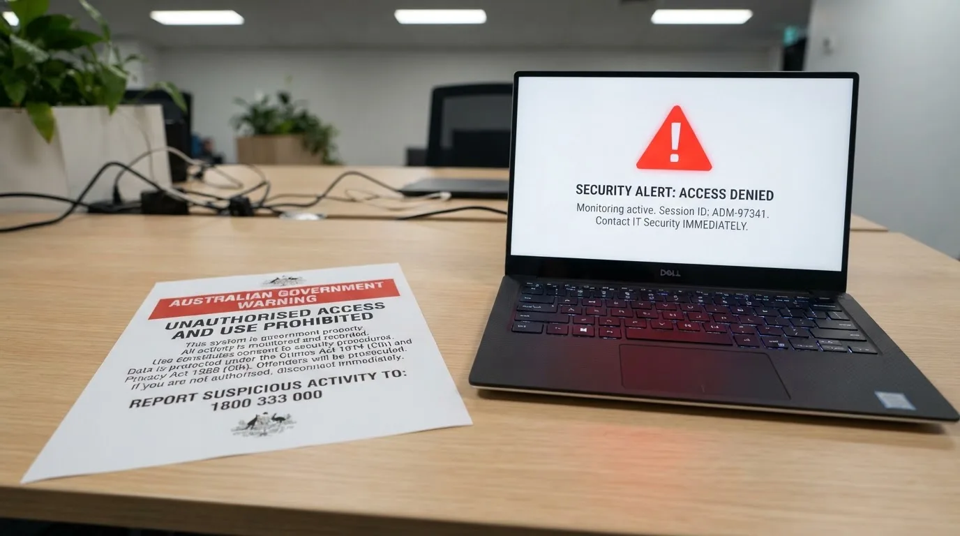 A printed government warning notice on a desk beside a laptop with a red alert icon on the screen.