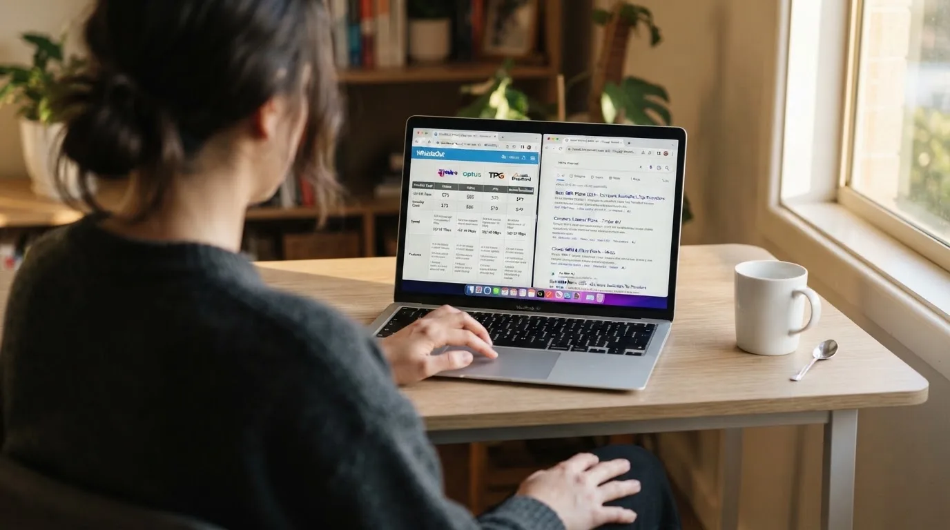 A laptop screen split between two browser tabs, one showing a comparison table and the other a search results page.