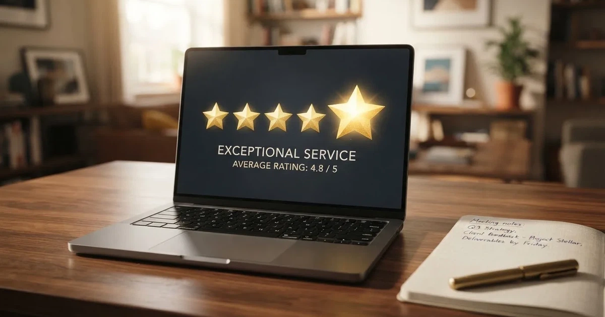A five-star rating graphic displayed on a laptop screen next to a notepad.