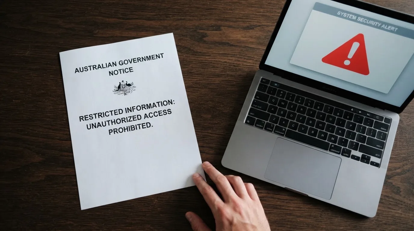 A printed government warning notice on a desk beside a laptop with a red alert icon on the screen.