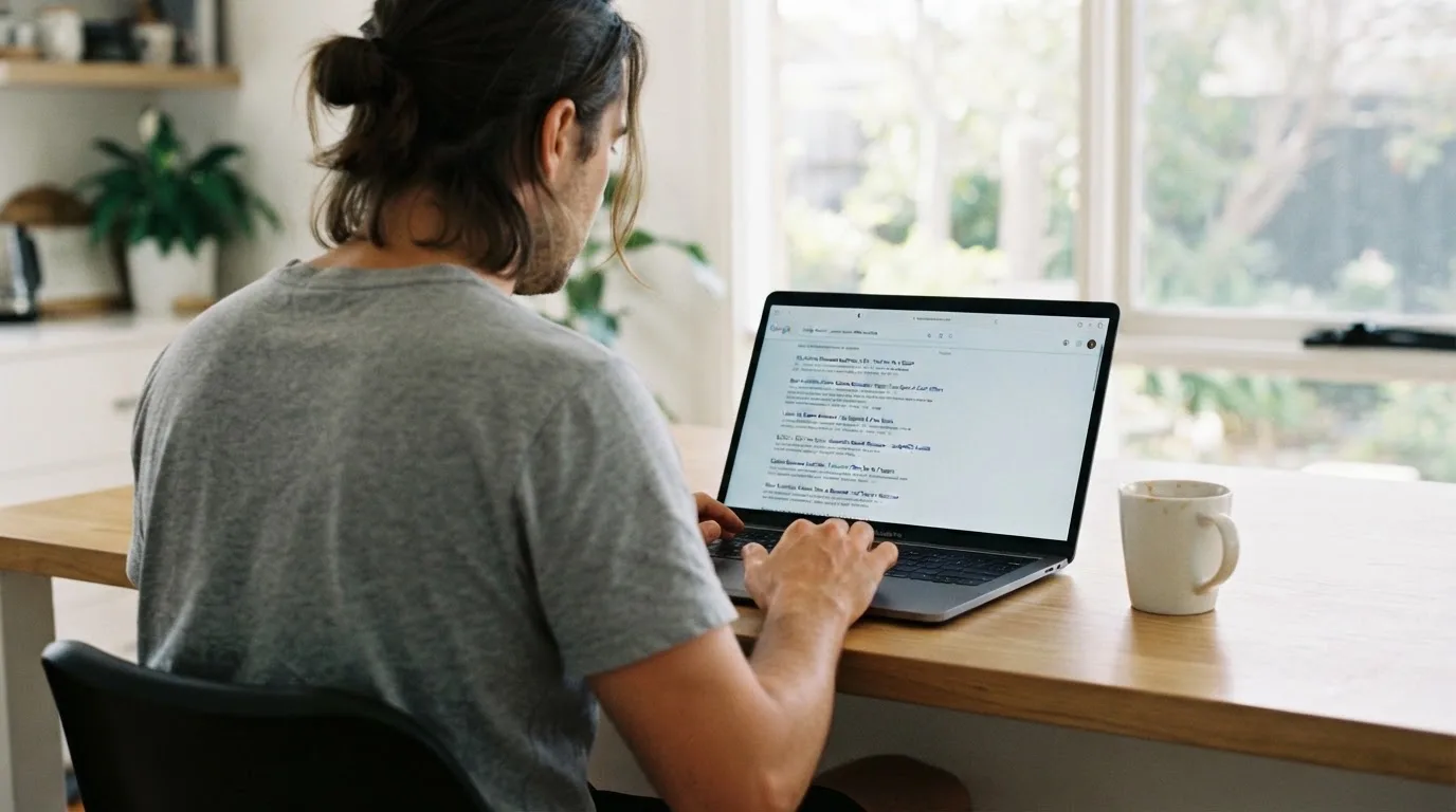 A person sits at a kitchen table, scrolling a laptop showing a general search results page about casino bonus offers.