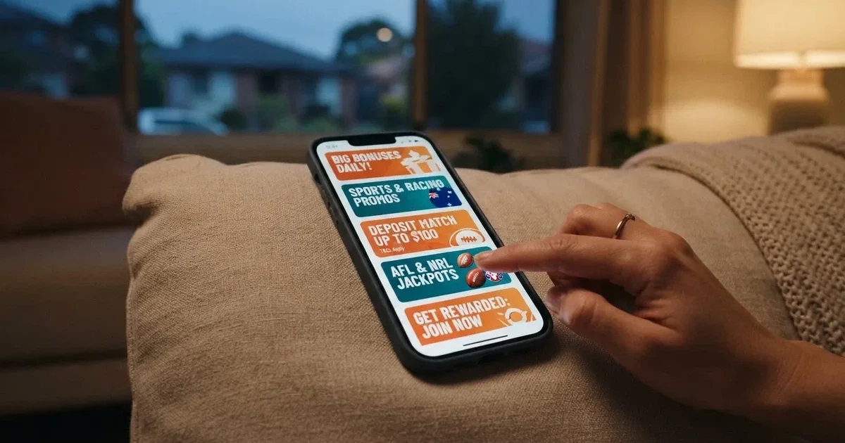 A phone screen shows a list of promotional bonus tiles as someone scrolls with one thumb on a couch in the evening.