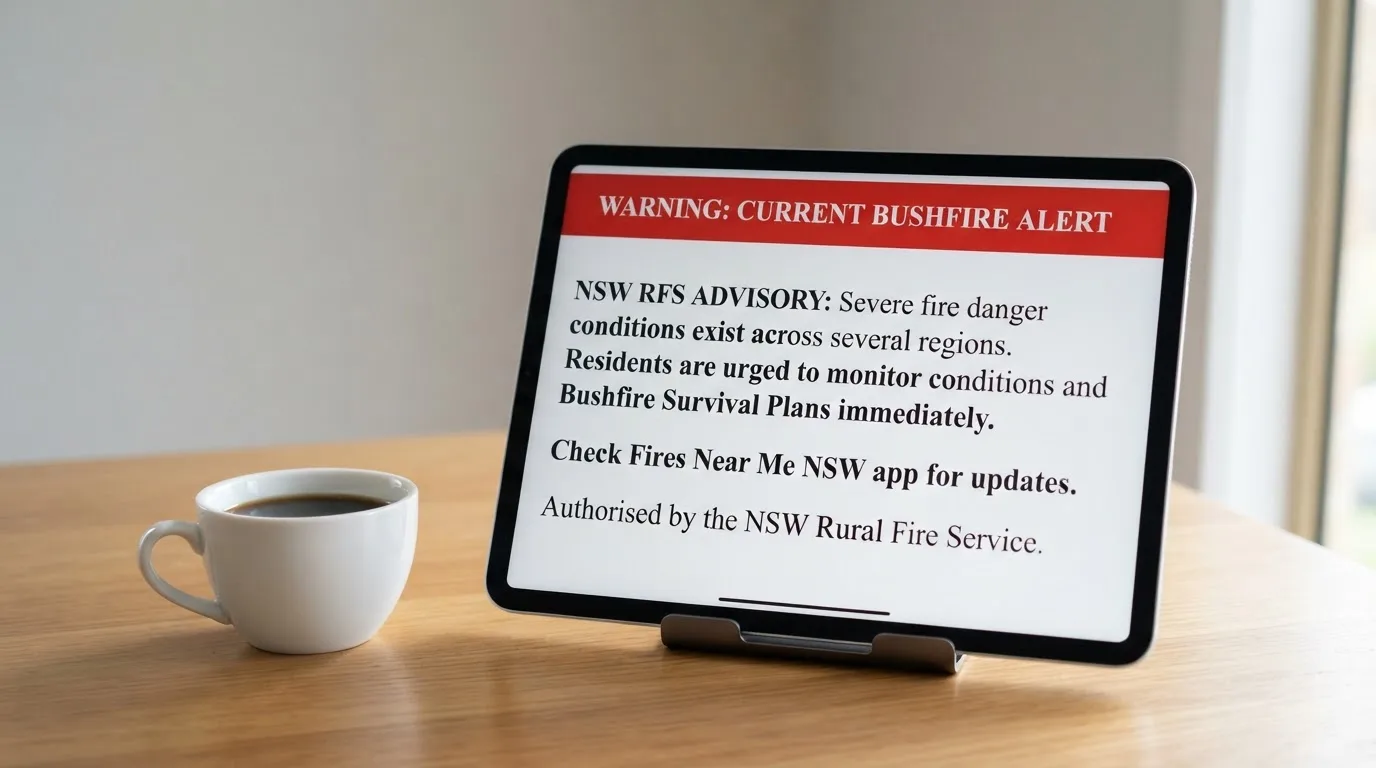 A tablet on a desk displays a plain government-style warning notice page, with a coffee cup beside it.