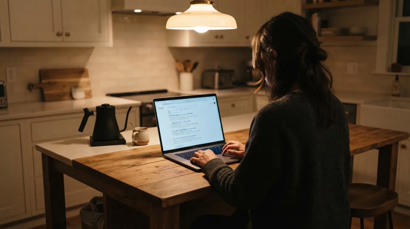 A person sits at a kitchen table, scrolling a laptop showing a general search results page about new casino sites.
